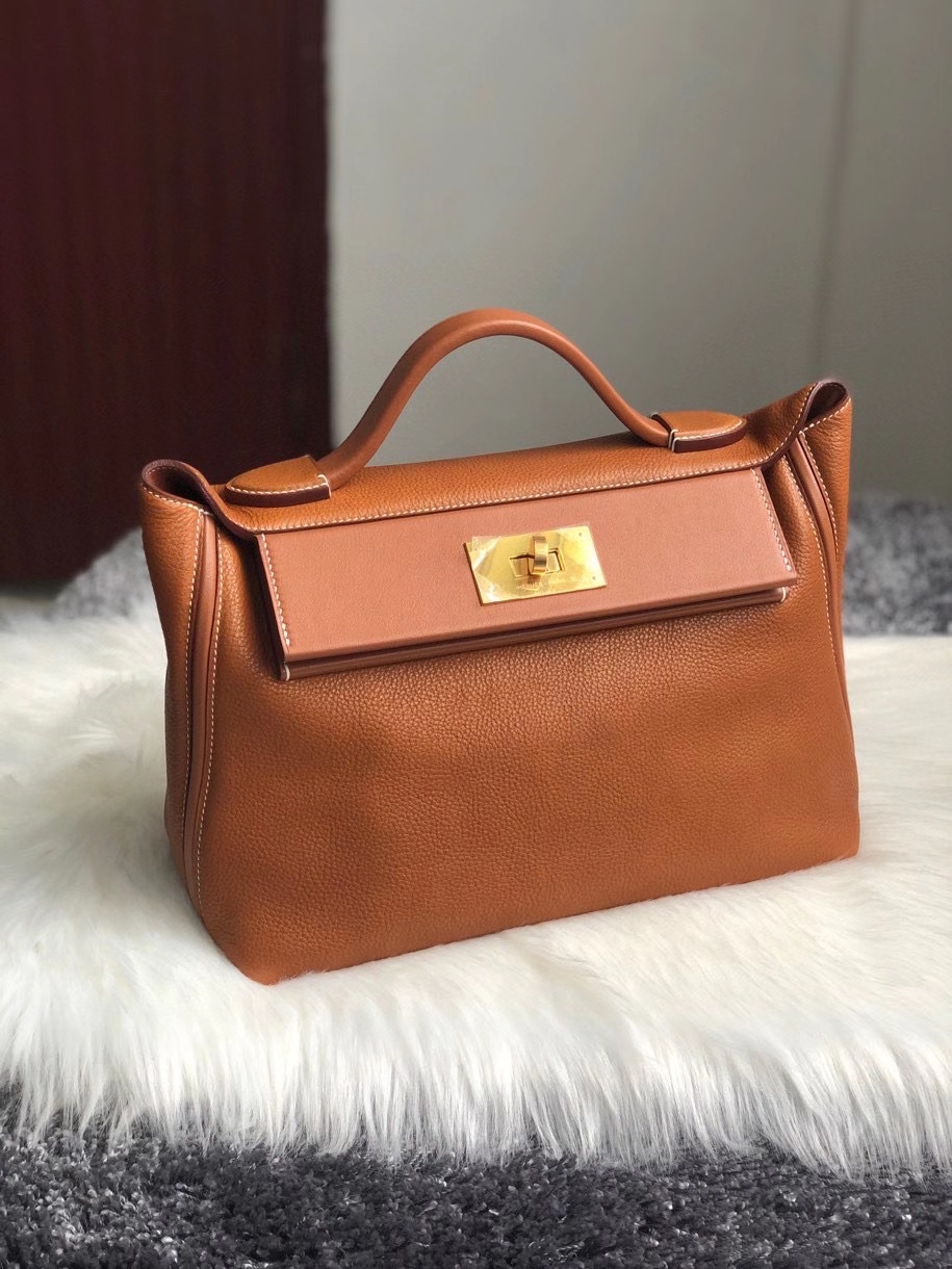Hermès（爱马仕）2424  颗粒马鞍皮 金棕色 金扣 顶级手缝 定制