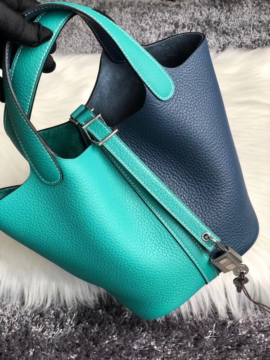 Hermès（爱马仕）Picotin 菜篮包 18cm S4深邃蓝拼 z6孔雀绿 银扣