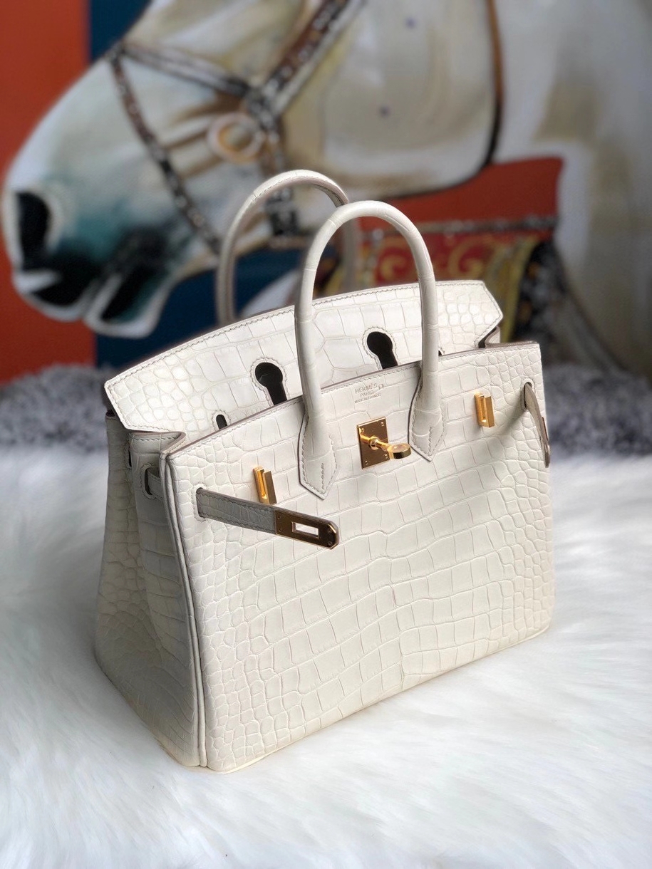 Hermès（爱马仕）Birkin 25cm Alligator matt 雾面鳄鱼 8L 奶油白 Beton 金扣 现货