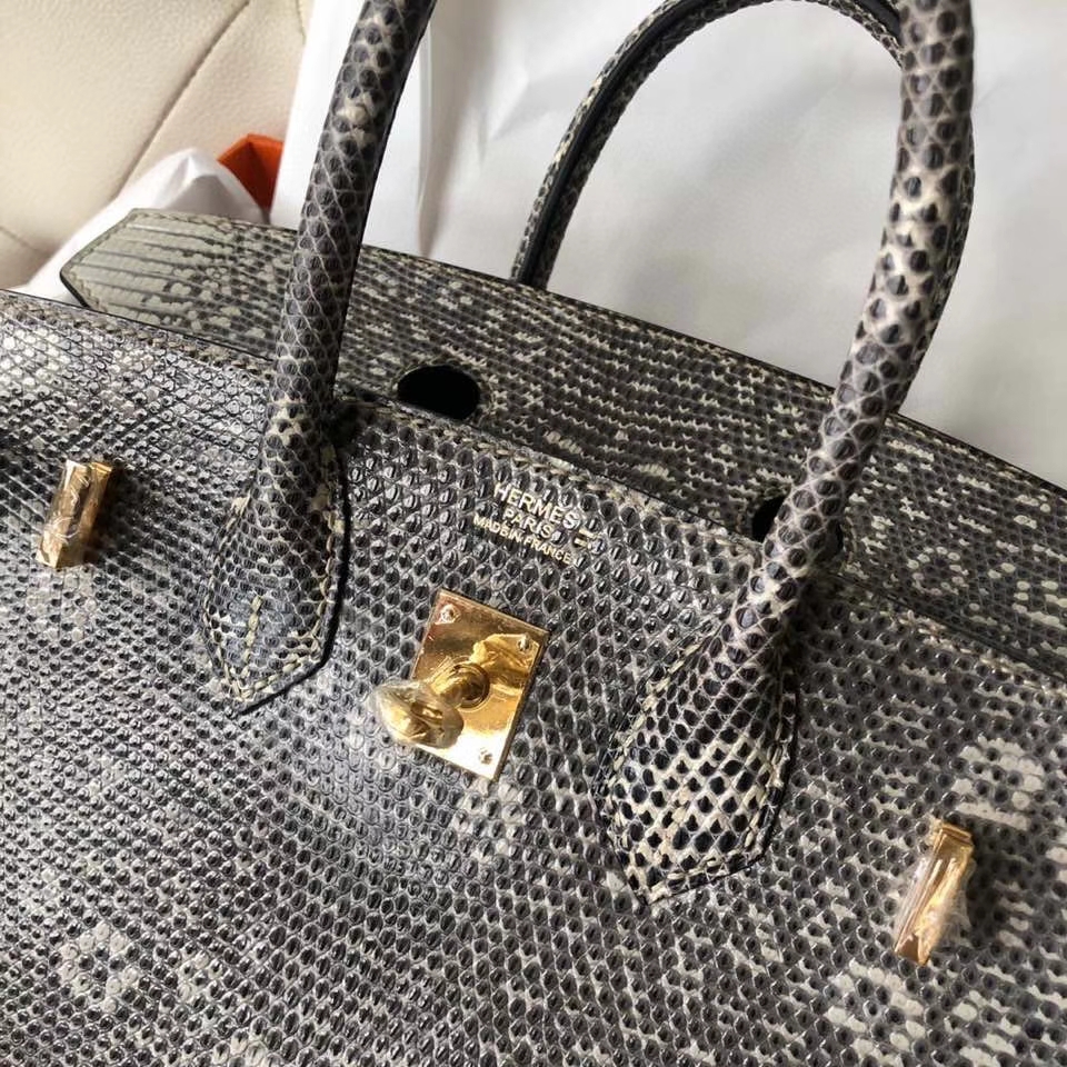 Hermès（爱马仕）Birkin 25cm Lizard 进口亮面蜥蜴 01原色 小喜马拉雅色 金扣 顶级手缝 现货