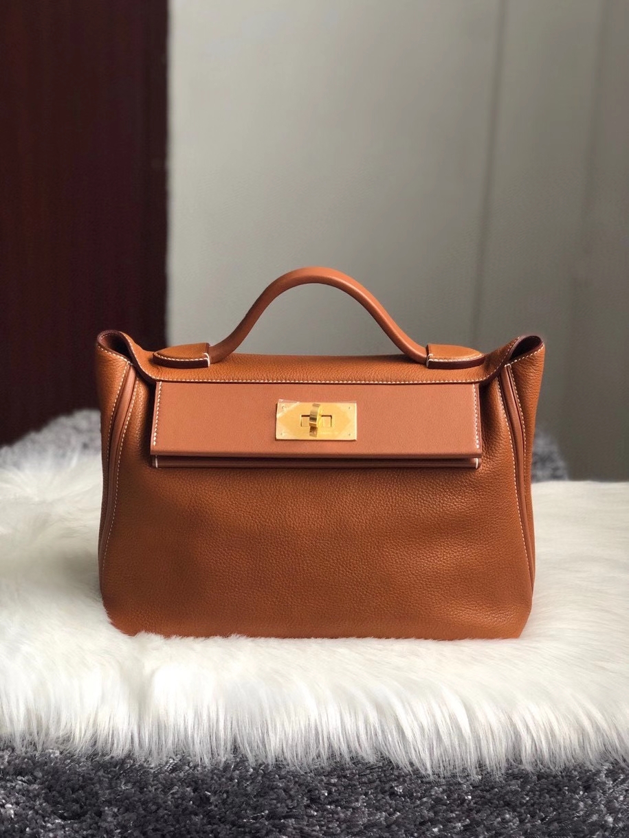 Hermès（爱马仕）2424  颗粒马鞍皮 金棕色 金扣 顶级手缝 定制