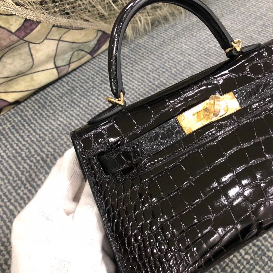 Hermès（爱马仕）Mini kelly ll alligator shiny 亮面鳄鱼 ck89 黑色 Noir 金扣 顶级手缝
