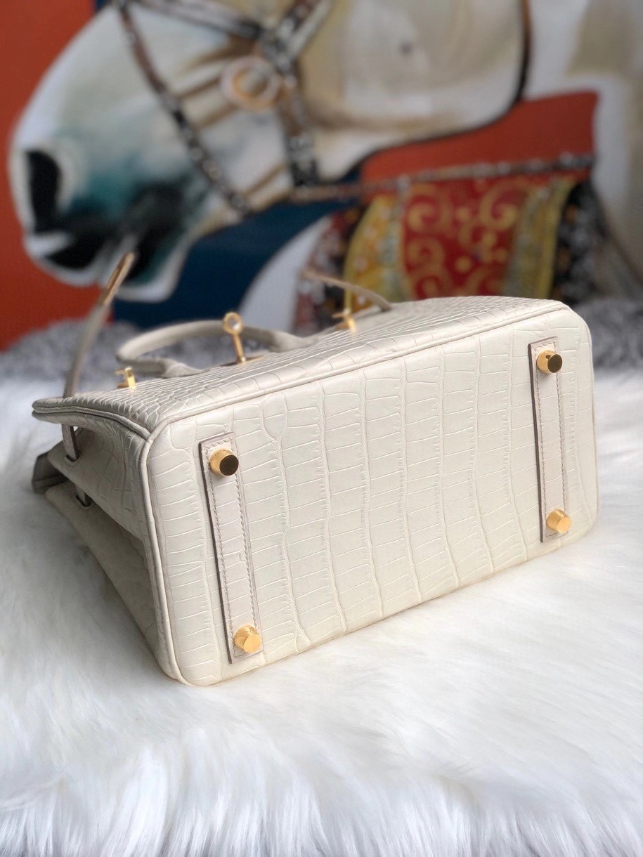 Hermès（爱马仕）Birkin 25cm Alligator matt 雾面鳄鱼 8L 奶油白 Beton 金扣 现货