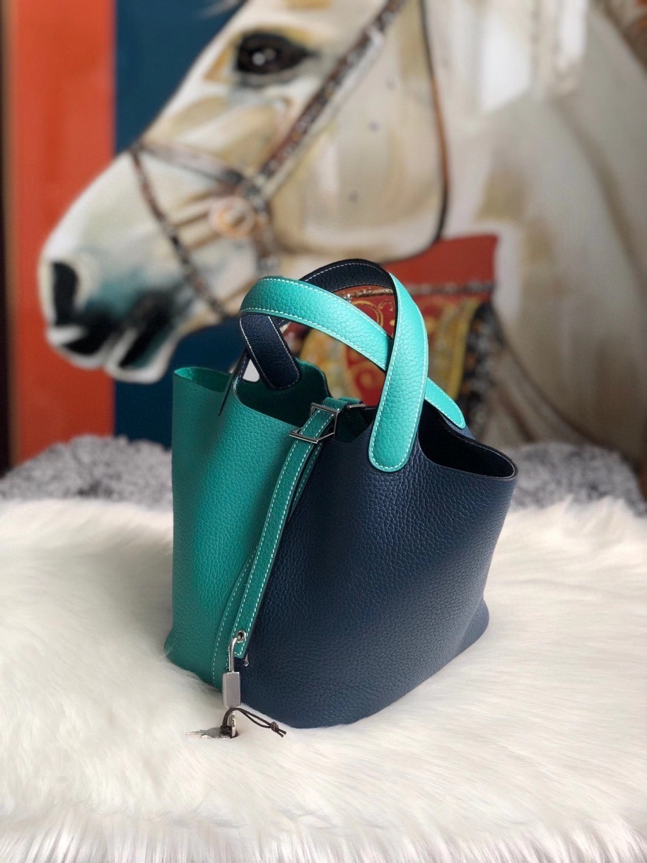 Hermès（爱马仕）Picotin 菜篮包 18cm S4深邃蓝拼 z6孔雀绿 银扣