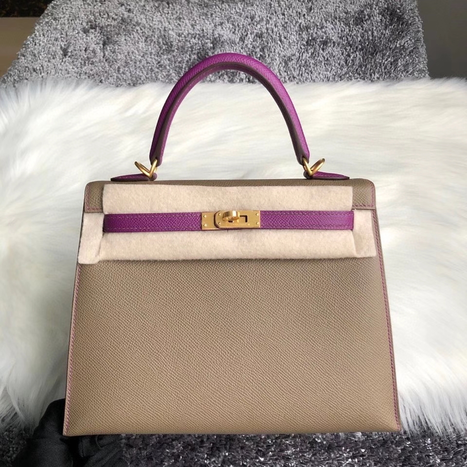 Hermès（爱马仕）Kelly 25cm Epsom 原厂掌纹皮 ck18 大象灰 拼 p9 海葵紫 拉丝金扣 马蹄印 现货