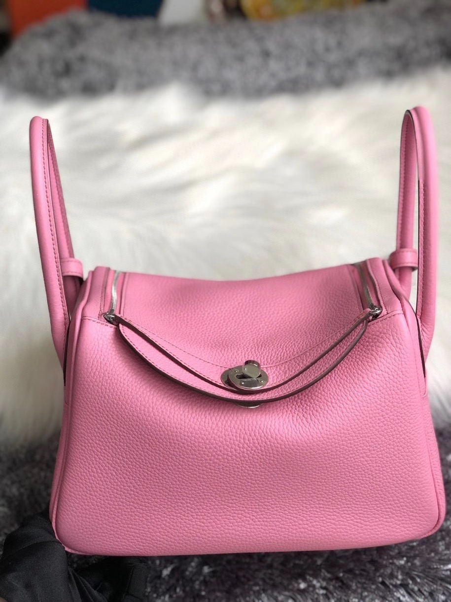 Hermès（爱马仕）Lindy 26cm 原厂御用大牛皮 樱花粉内皮奶昔白 银扣 顶级手缝 定制