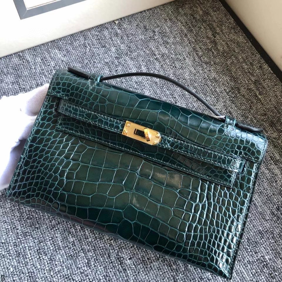 Hermès（爱马仕）Mini pochette 22cm Alligator shiny 亮面鳄鱼 1p鸭子绿 金扣 顶级手缝 现货