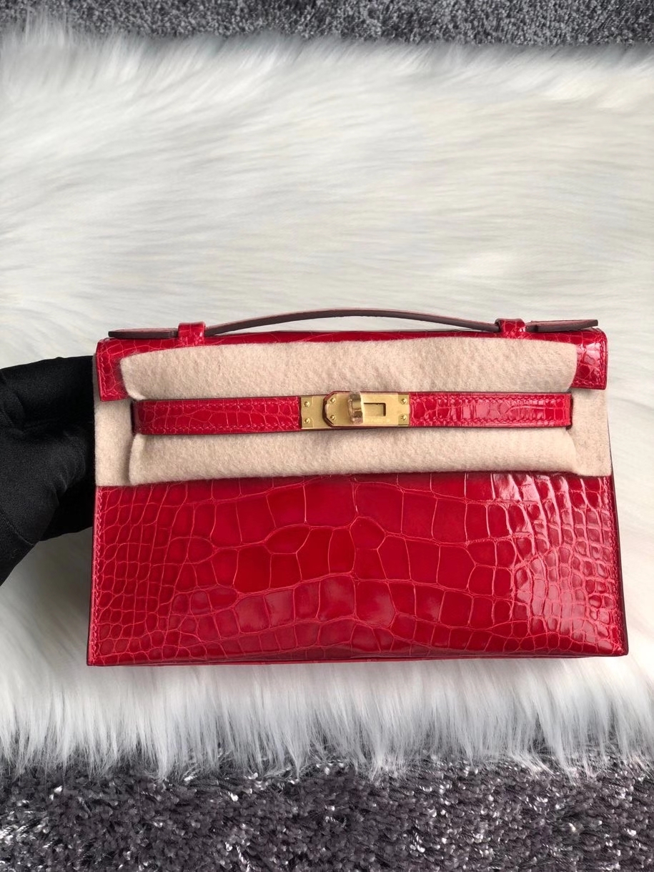 Hermès（爱马仕）Mini kelly pochette 22cm 亮面鳄鱼 ck95 法拉利红 Braise 金扣 顶级手缝 手拿包 晚宴包