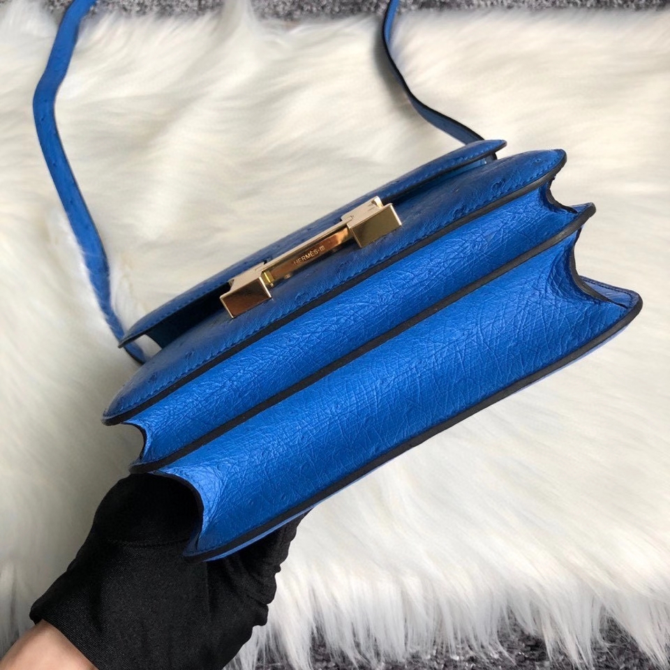 Hermès（爱马仕）Constance 18cm Ostrich kk鸵鸟 7Ｑ希腊蓝 金扣 顶级手缝 现货