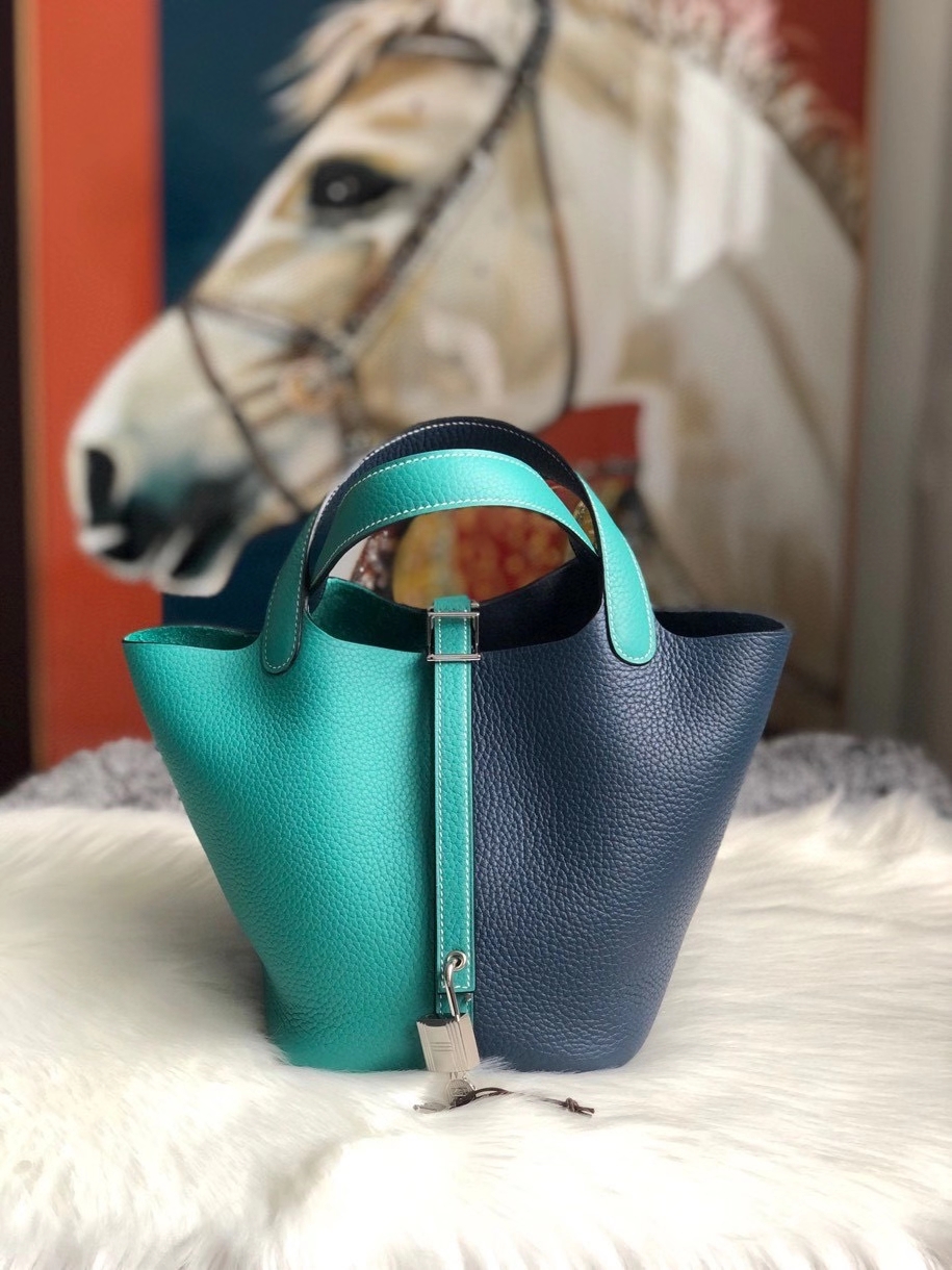 Hermès（爱马仕）Picotin 菜篮包 18cm S4深邃蓝拼 z6孔雀绿 银扣