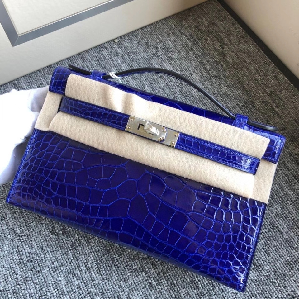 Hermès（爱马仕）Mini pochette 22cm Alligator shiny 亮面鳄鱼 7T 电光蓝 Blue eletric 银扣 顶级手缝  现货