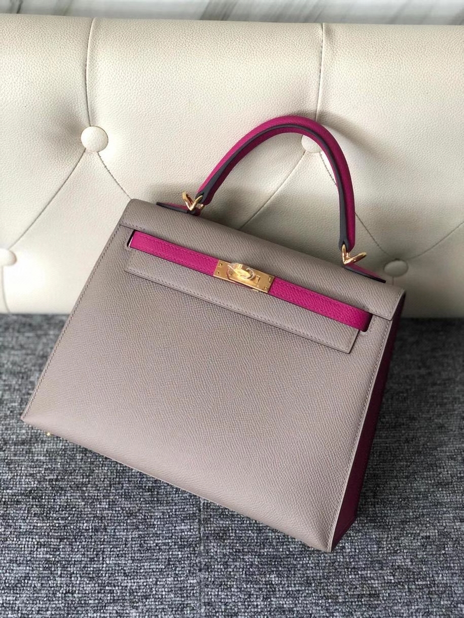 Hermès（爱马仕）Kelly 25cm 原厂掌纹皮 Epsom M8沥青灰拼 L3 玫瑰紫 金扣 马蹄印 顶级手缝 现货
