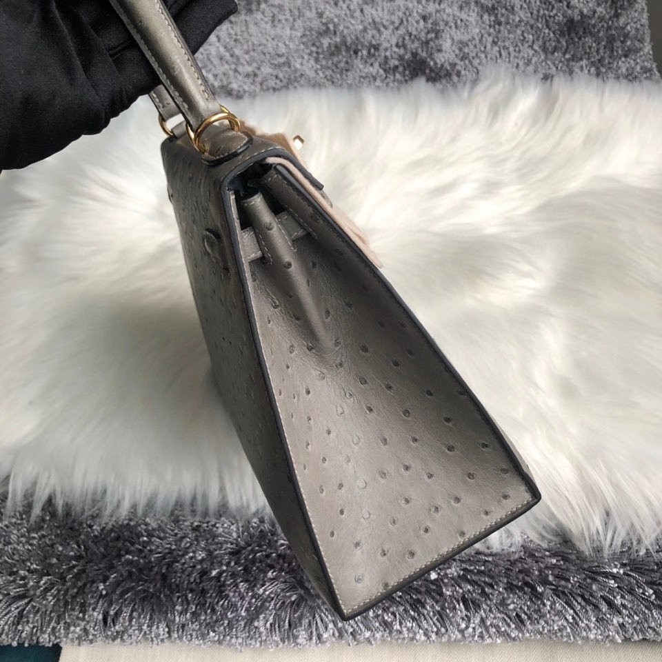Hermès（爱马仕）Kelly 25cm Ostrich kk鸵鸟 M8 沥青灰 Gris Ashpite 金扣 顶级手缝 现货