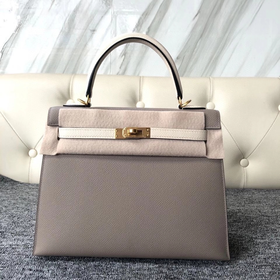Hermès（爱马仕）Kelly 25cm Epsom 原厂掌纹皮  M8 沥青灰拼 ck10 奶昔白 拉丝金扣 马蹄印 顶级手缝 现货