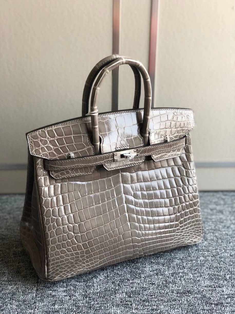 Hermès（爱马仕）Birkin 25cm Crocodile shiny 亮面鳄鱼 ck81 斑鸠灰 Gris T 银扣 顶级手缝 现货