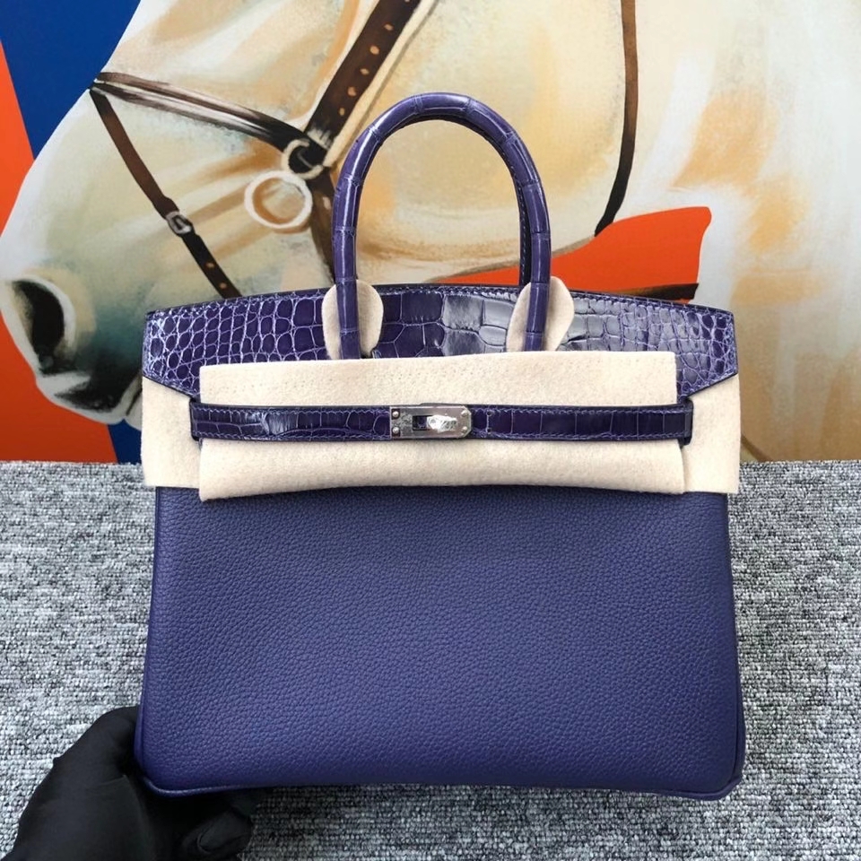 Hermès（爱马仕）Birkin 25cm 墨水蓝拼亮面鳄鱼 银扣 顶级手缝 定制