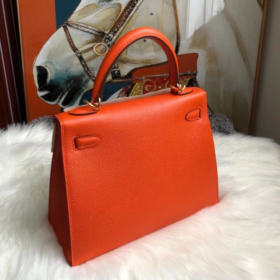 Hermès(爱马仕)Kelly 25cm Eposom 原厂掌纹皮 9J 火焰橙色 FEU. 金扣 顶级手缝 超美现货-拉尔森鳄鱼皮具定制 - 爱马仕包包官网 Hermès(爱马仕)Kelly 25cm Eposom 原厂掌纹皮 9J 火焰橙色 FEU. 金扣 顶级手缝 超美现货