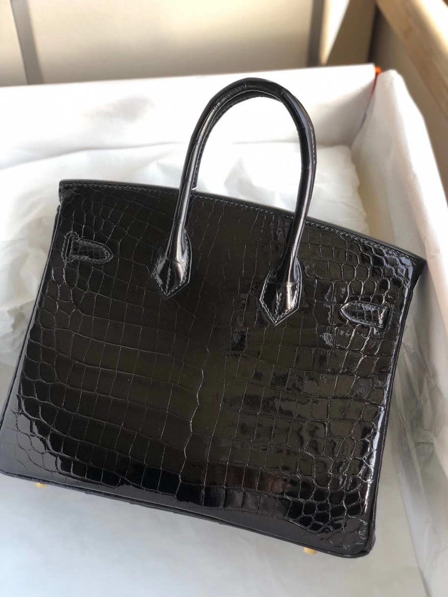 Hermès（爱马仕）Birkin 25cm Crocodile shiny 亮面鳄鱼ck89 黑色 Noir 金扣 顶级手缝 现货