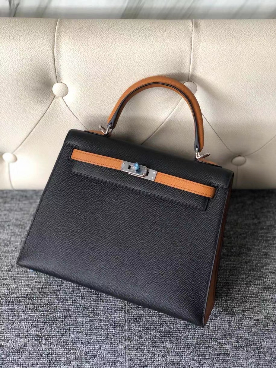 Hermès（爱马仕）Kelly 25cm 原厂掌纹皮 Epsom ck89 黑色 Noir 拼 1H 太妃色 银扣 马蹄印 顶级手缝 现货