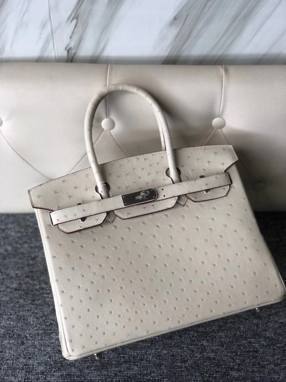 Hermès（爱马仕）Birkin 30cm Ostrich kk 鸵鸟 3C 羊毛白 银扣 顶级手缝 现货