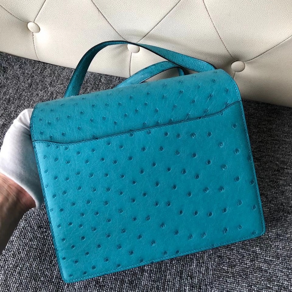 Hermès（爱马仕）Roulis 24cm Ostrich kk鸵鸟 蒂芙尼蓝 银扣 顶级手缝 定制