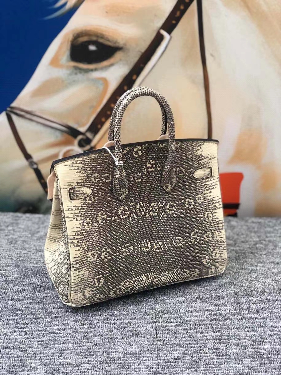 Hermès（爱马仕）Birkin 25cm Lizard 进口亮面蜥蜴 01原色 小喜马拉雅色 银扣 现货