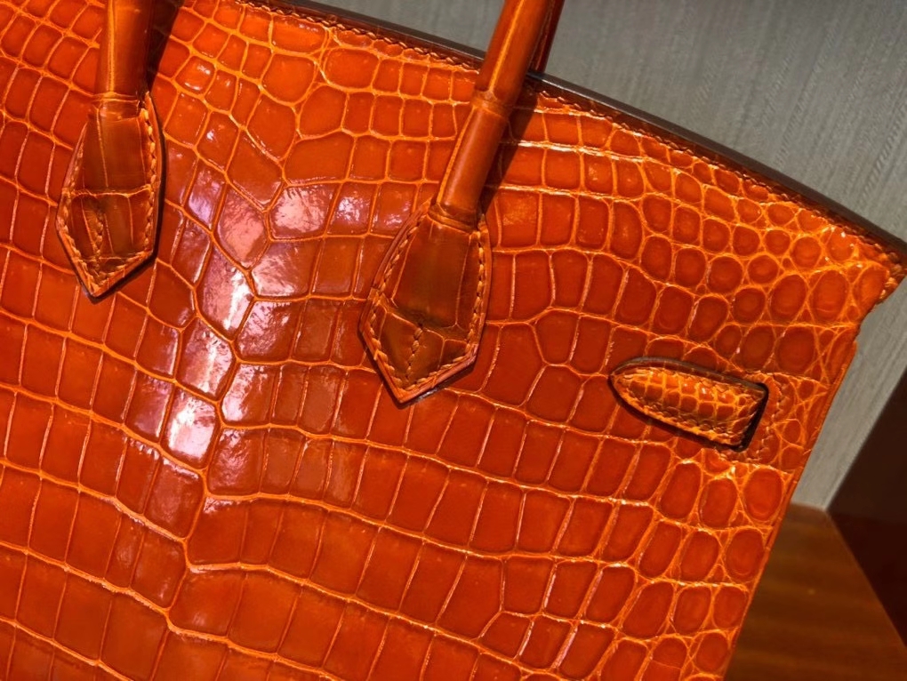 Hermès（爱马仕）Birkin 25cm Crocodile shiny 亮面鳄鱼 93 橙色 Orange 金扣 顶级手缝 现货