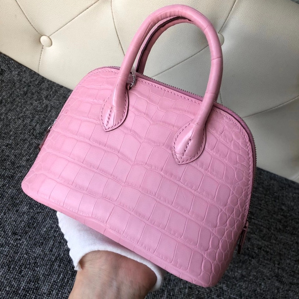 Hermès（爱马仕）Mini bolide alligator matt 雾面鳄鱼 5p 樱花粉  银扣 顶级手缝 现货