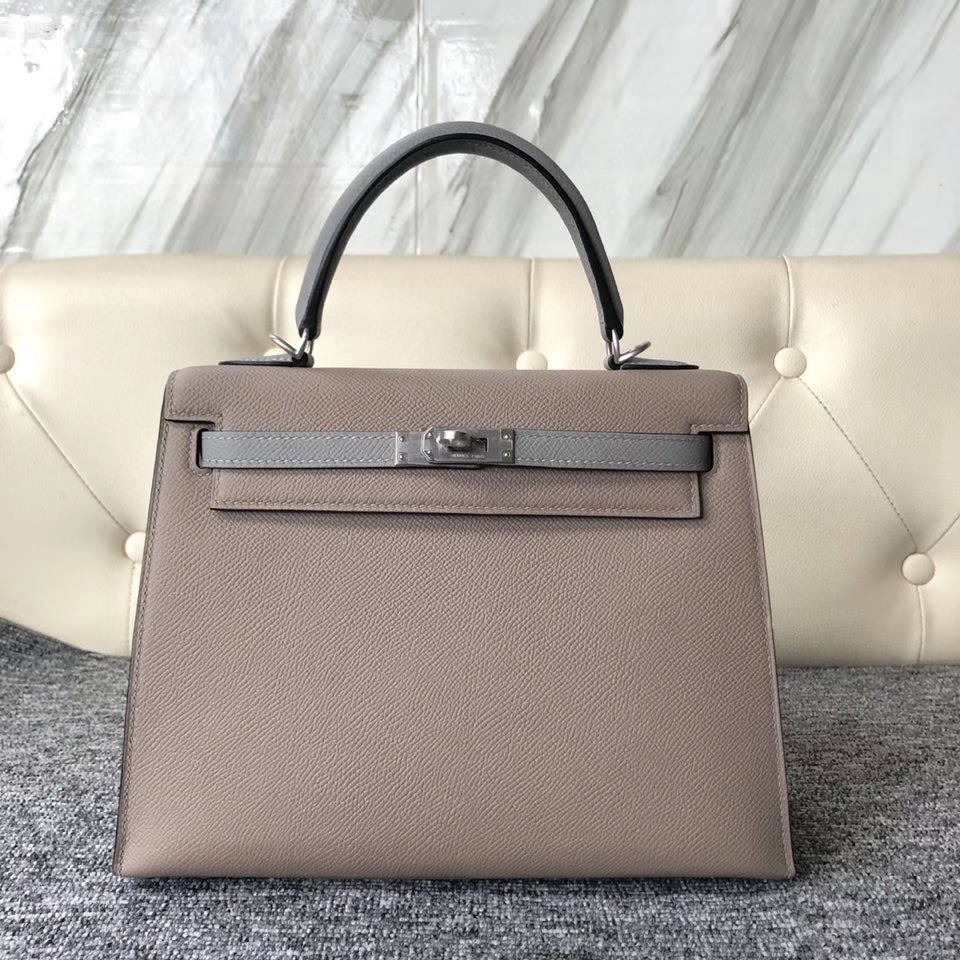 Hermès（爱马仕）Kelly 25cm Epsom 原厂掌纹皮  M8 沥青灰拼 4Z 海鸥灰 拉丝银扣 马蹄印 顶级手缝 现货