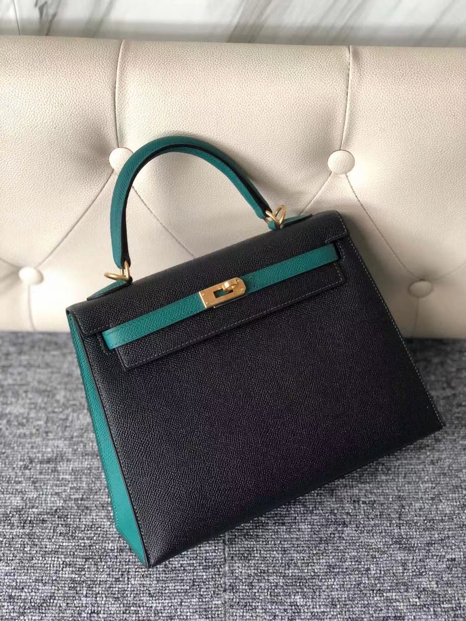 Hermès(爱马仕)Kelly 25cm 原厂掌纹皮 Epsom ck89 黑色 Noir 拼 Z6 孔雀绿 拉丝金扣 马蹄印 顶级手缝 现货-拉尔森鳄鱼皮具定制 - 爱马仕包包官网 Hermès(爱马仕)Kelly 25cm 原厂掌纹皮 Epsom ck89 黑色 Noir 拼 Z6 孔雀绿 拉丝金扣 马蹄印 顶级手缝 现货