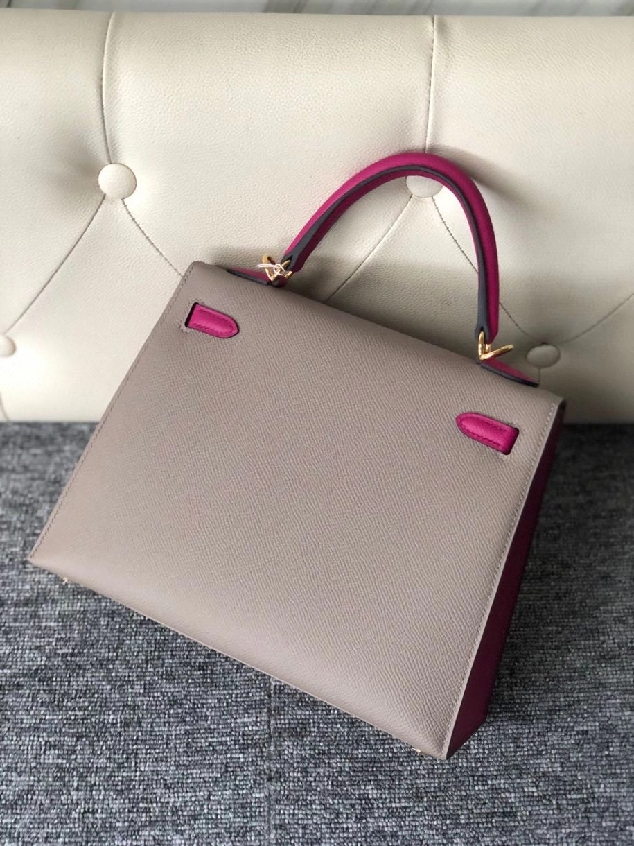 Hermès（爱马仕）Kelly 25cm 原厂掌纹皮 Epsom M8沥青灰拼 L3 玫瑰紫 金扣 马蹄印 顶级手缝 现货
