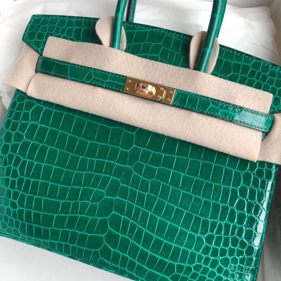 Hermès（爱马仕）Birkin 25cm Porosus shiny 亮面澳洲湾鳄鳄鱼 7Ｑ翡翠绿 金扣 正品五金 定制