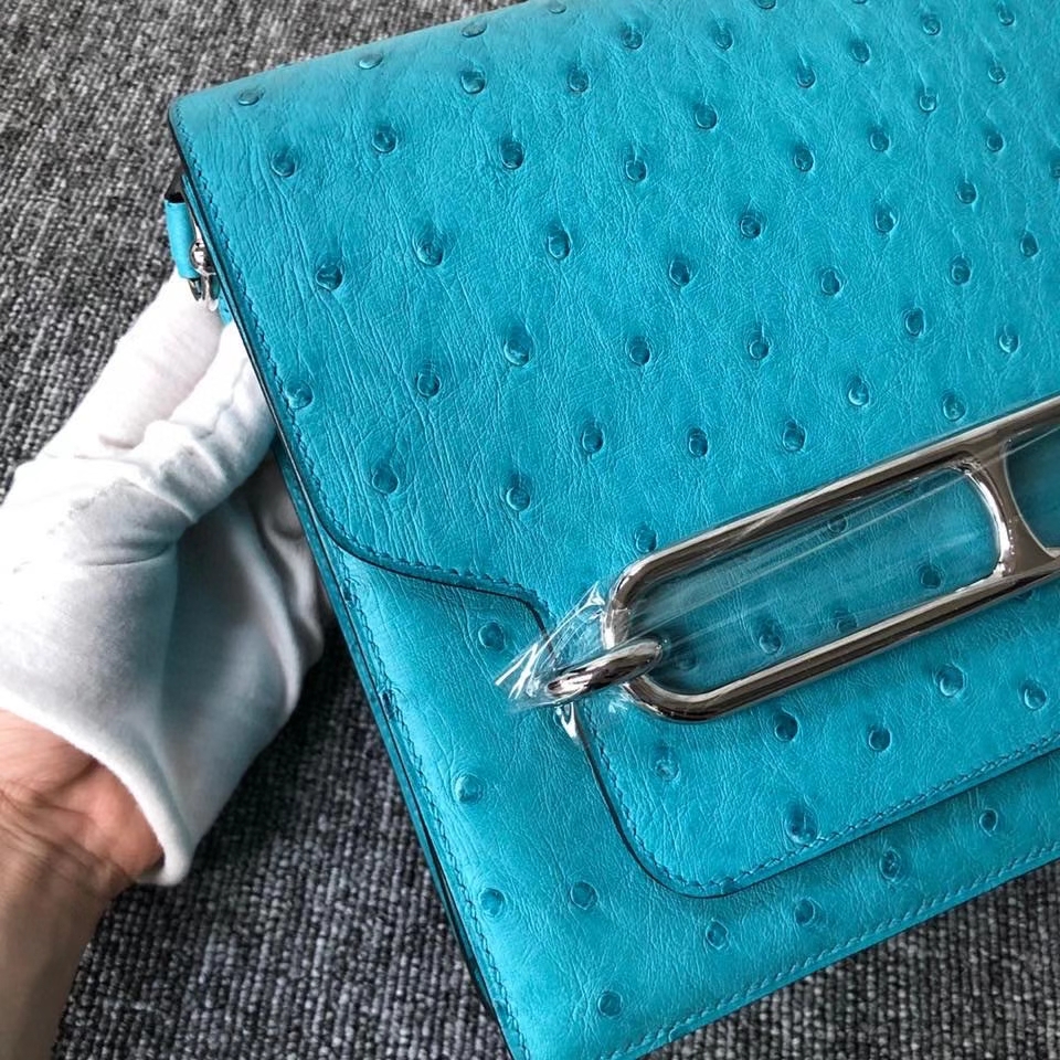 Hermès（爱马仕）Roulis 24cm Ostrich kk鸵鸟 蒂芙尼蓝 银扣 顶级手缝 定制