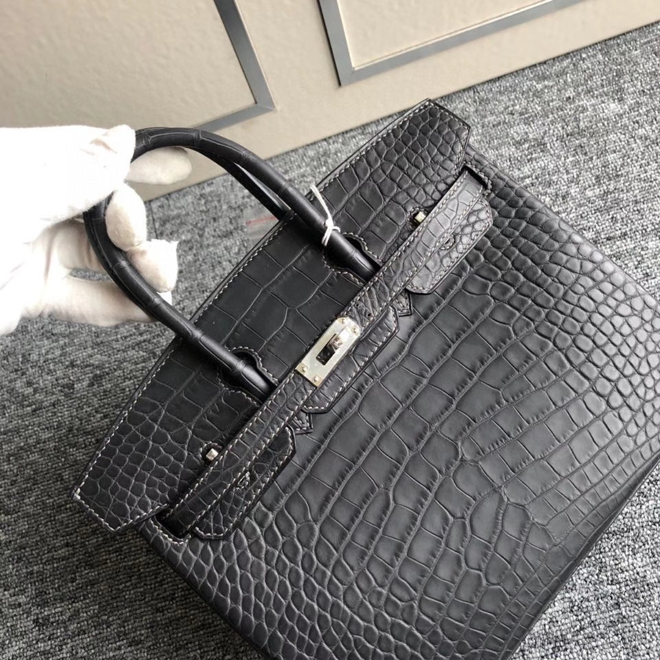 Hermès（爱马仕）Birkin 25cm Alligator matt 雾面鳄鱼  ck88 石墨灰 graphite 银扣 顶级手缝  现货