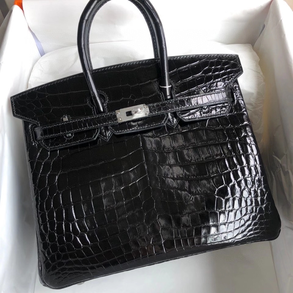 Hermès（爱马仕）Birkin 25cm Crocodile shiny 亮面鳄鱼 ck89 黑色 银扣 顶级手缝 现货