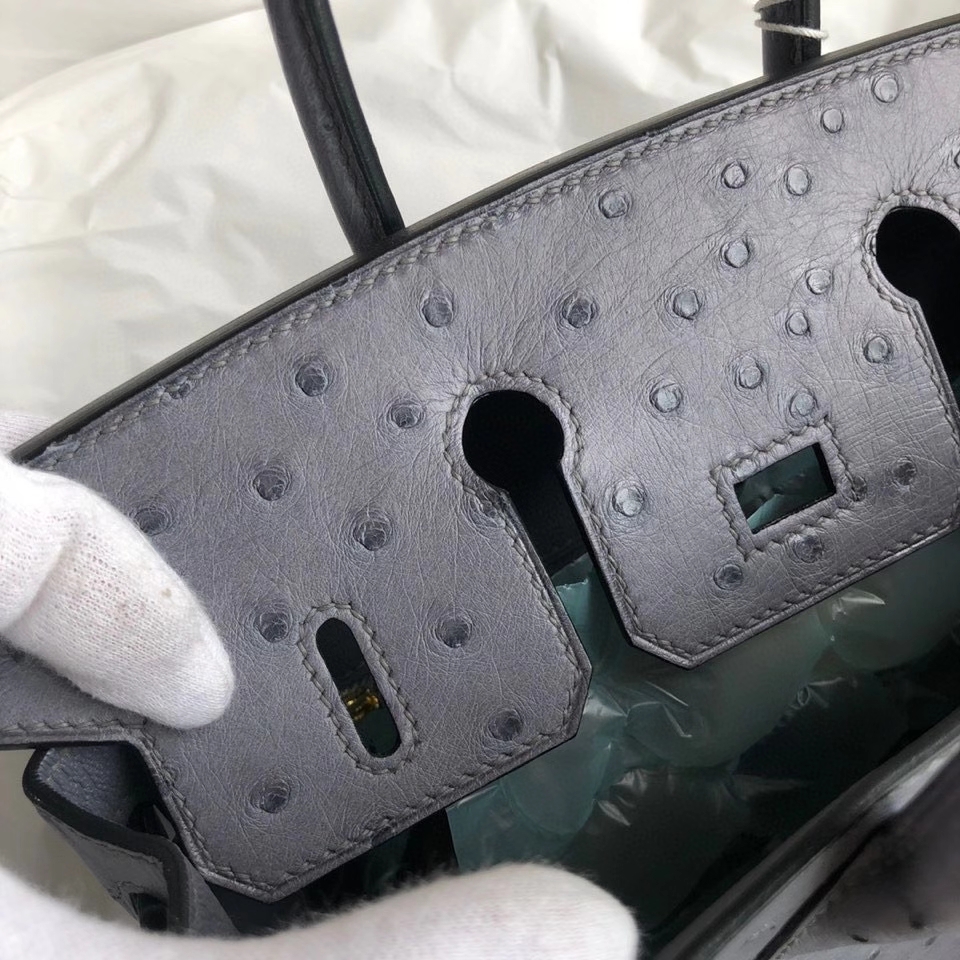 Hermès（爱马仕）Birkin 25cm Ostrich kk 鸵鸟 玛瑙灰 金扣 顶级手缝 现货