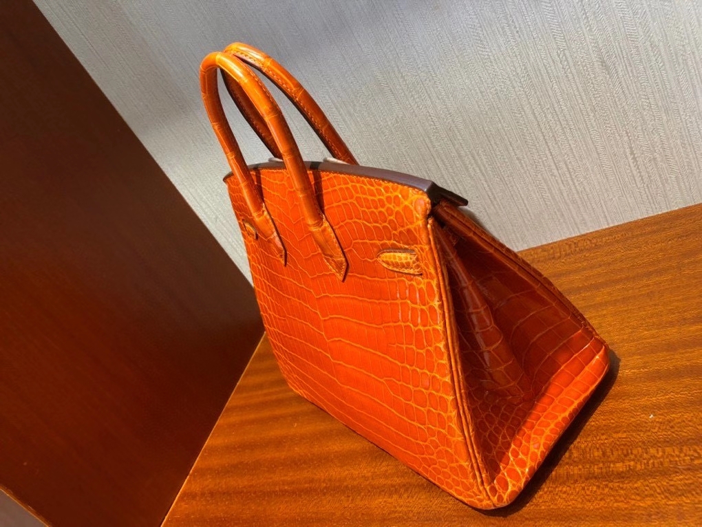 Hermès（爱马仕）Birkin 25cm Crocodile shiny 亮面鳄鱼 93 橙色 Orange 金扣 顶级手缝 现货