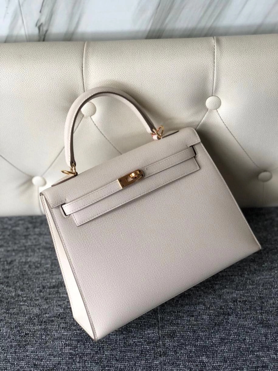 Hermès（爱马仕）Kelly 25cm 原厂掌纹皮 Epsom ck10奶昔白 Craie 内拼孔雀绿 malachite 金扣