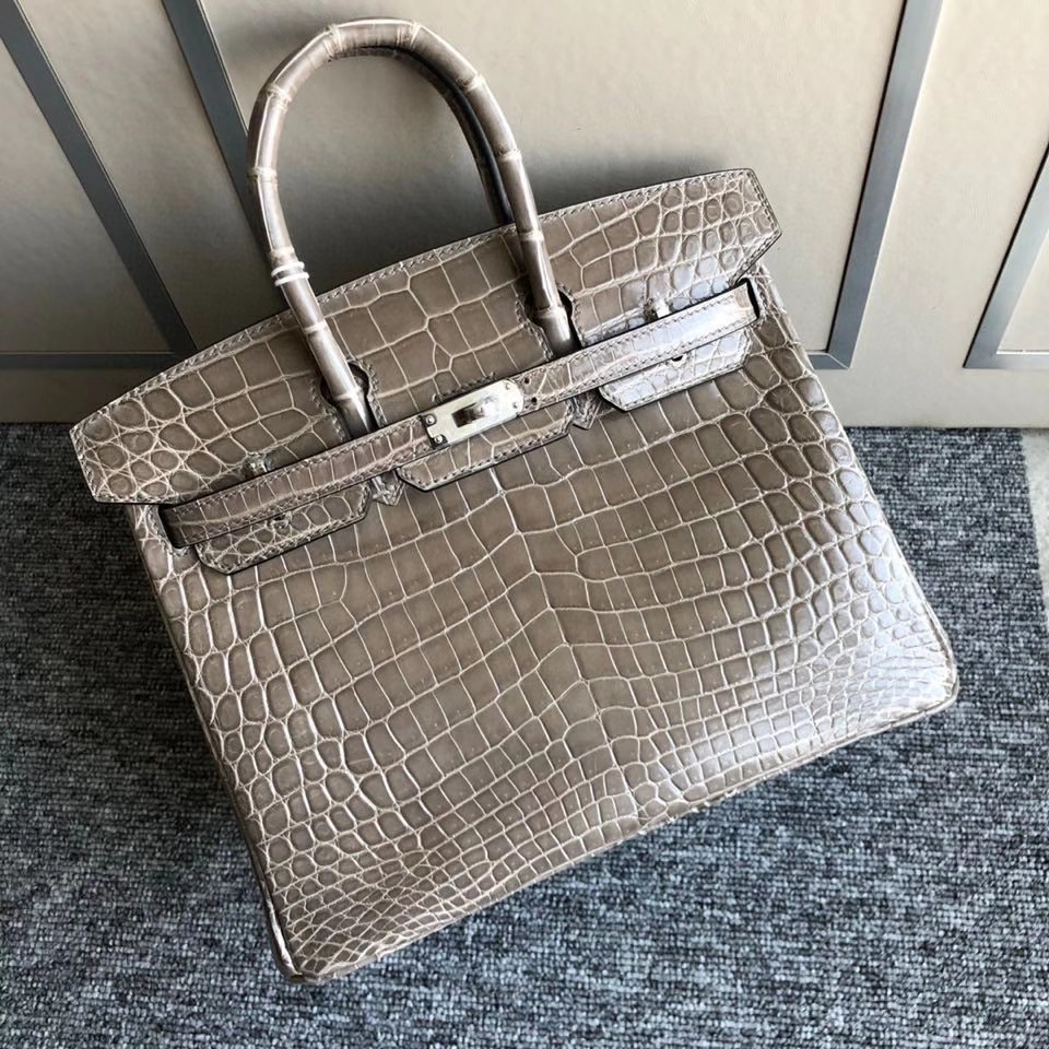 Hermès（爱马仕）Birkin 25cm Crocodile shiny 亮面鳄鱼 ck81 斑鸠灰 Gris T 银扣 顶级手缝 现货