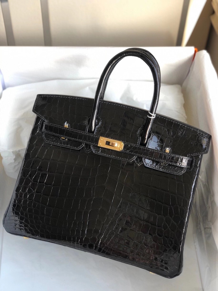 Hermès（爱马仕）Birkin 25cm Crocodile shiny 亮面鳄鱼ck89 黑色 Noir 金扣 顶级手缝 现货