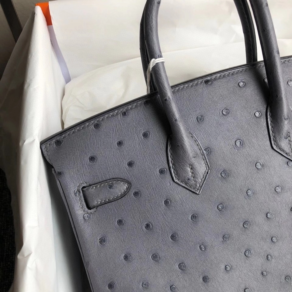 Hermès（爱马仕）Birkin 25cm Ostrich kk 鸵鸟 玛瑙灰 金扣 顶级手缝 现货