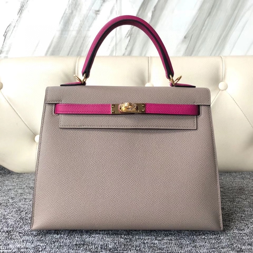 Hermès（爱马仕）Kelly 25cm 原厂掌纹皮 Epsom M8沥青灰拼 L3 玫瑰紫 金扣 马蹄印 顶级手缝 现货