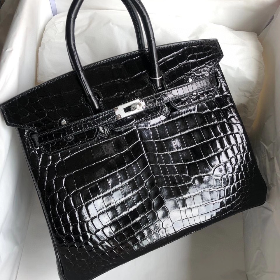 Hermès（爱马仕）Birkin 25cm Crocodile shiny 亮面鳄鱼 ck89 黑色 银扣 顶级手缝 现货