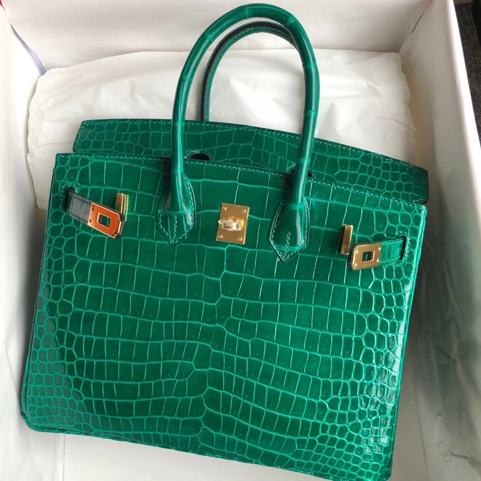 Hermès（爱马仕）Birkin 25cm Porosus shiny 亮面澳洲湾鳄鳄鱼 7Ｑ翡翠绿 金扣 正品五金 定制