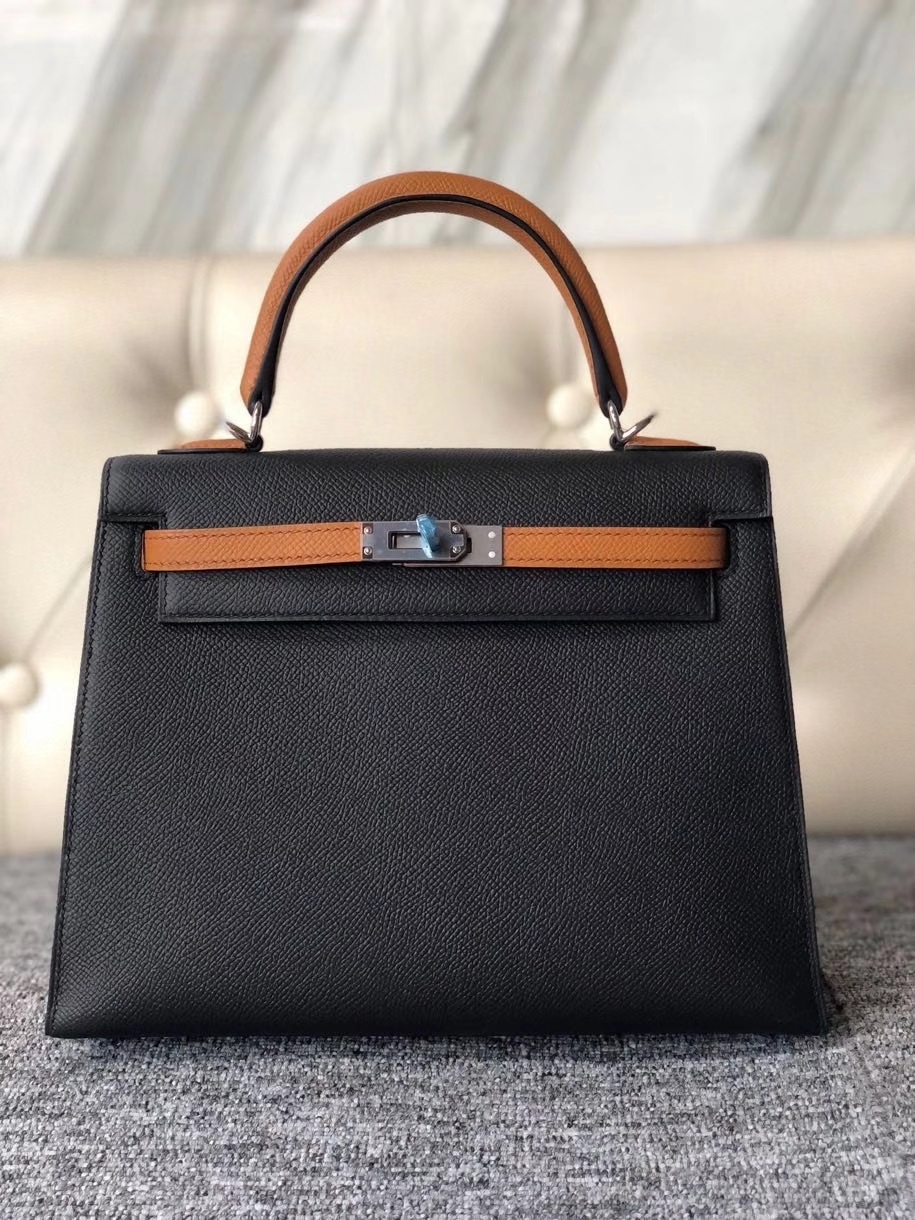 Hermès（爱马仕）Kelly 25cm 原厂掌纹皮 Epsom ck89 黑色 Noir 拼 1H 太妃色 银扣 马蹄印 顶级手缝 现货