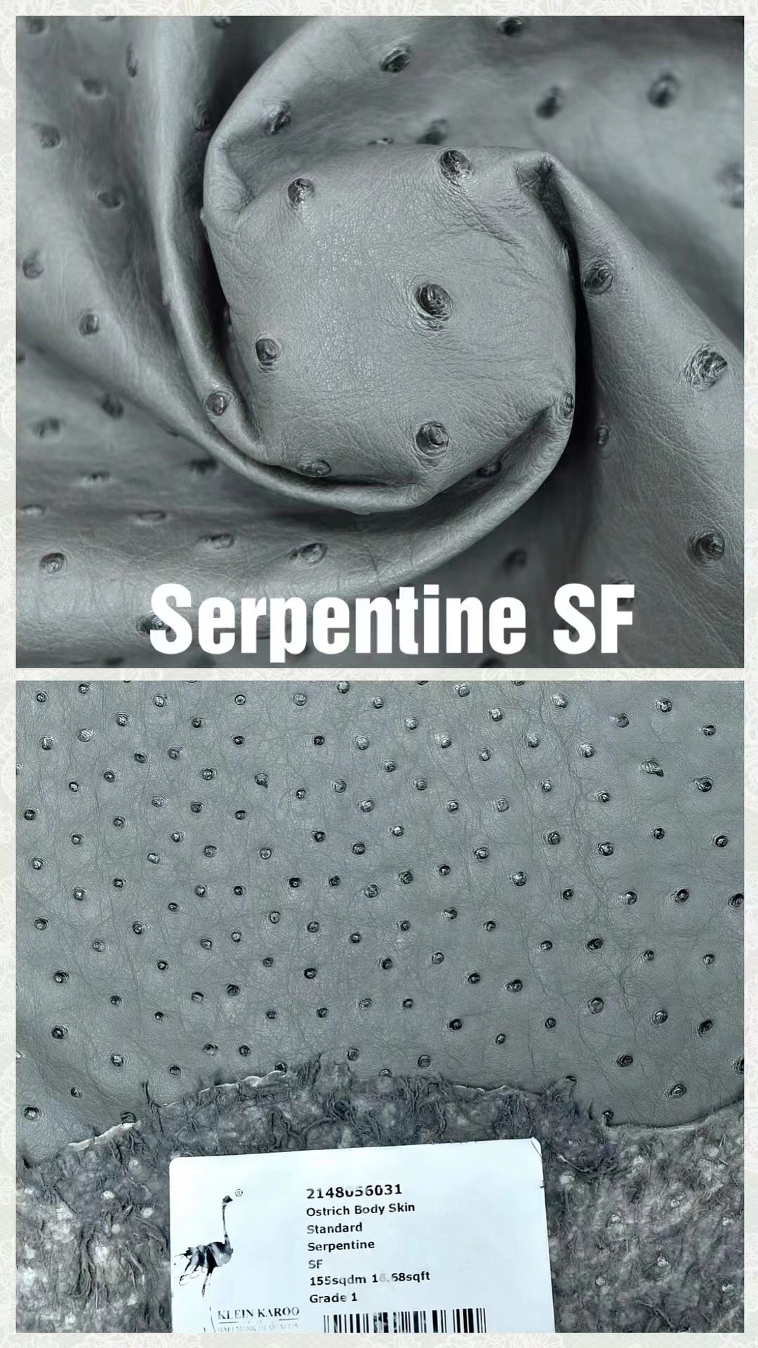 Hermès（爱马仕）南非KK鸵鸟皮 最新颜色 H家御用顶级皮 Serpentine 灰绿色