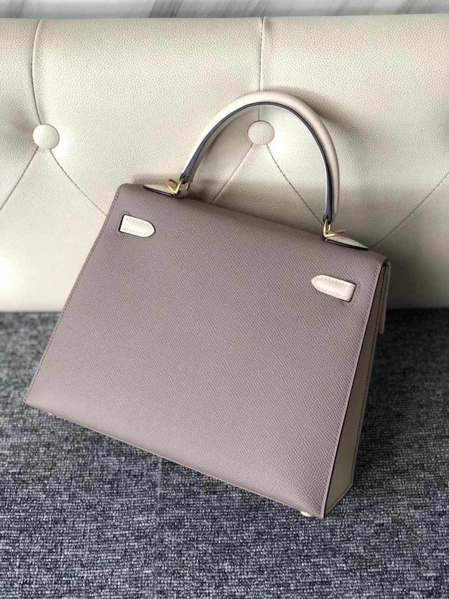 Hermès（爱马仕）Kelly 25cm Epsom 原厂掌纹皮  M8 沥青灰拼 ck10 奶昔白 拉丝金扣 马蹄印 顶级手缝 现货
