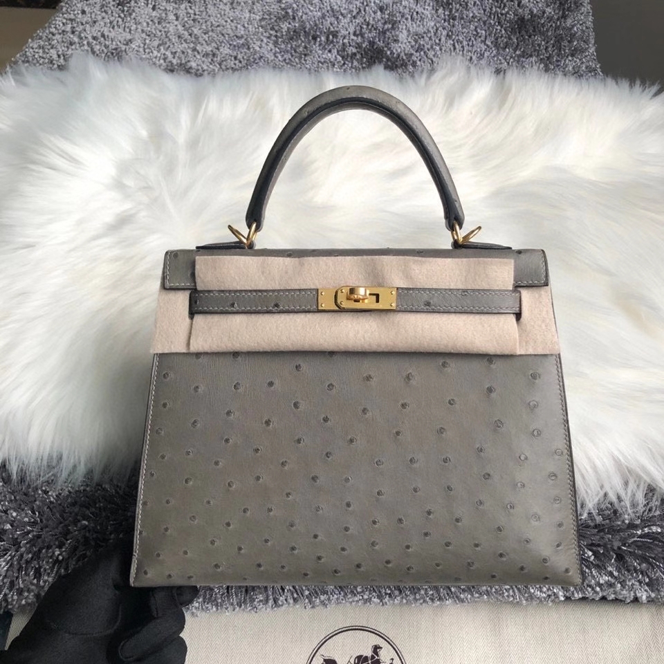 Hermès（爱马仕）Kelly 25cm Ostrich kk鸵鸟 M8 沥青灰 Gris Ashpite 金扣 顶级手缝 现货