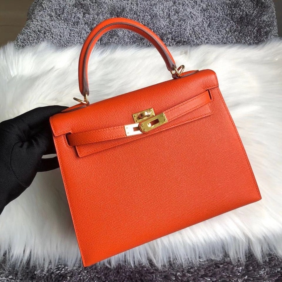 Hermès（爱马仕）Kelly 25cm Eposom 原厂掌纹皮 9J 火焰橙色 FEU. 金扣 顶级手缝 超美现货