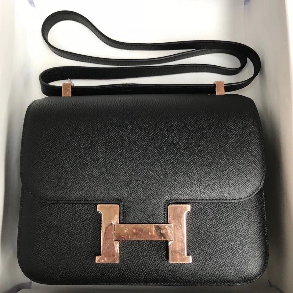 Hermès（爱马仕）Constance 24cm Epsom 原厂掌纹皮  ck89黑色  Noir  玫瑰金扣 Rose gold  顶级手缝 现货
